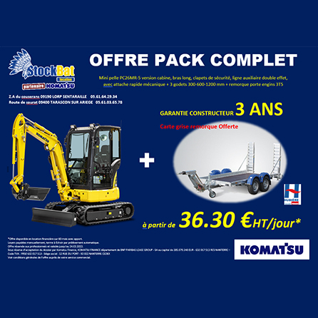 Mini pelle PC26MR-5 avec 3 godets et remorque